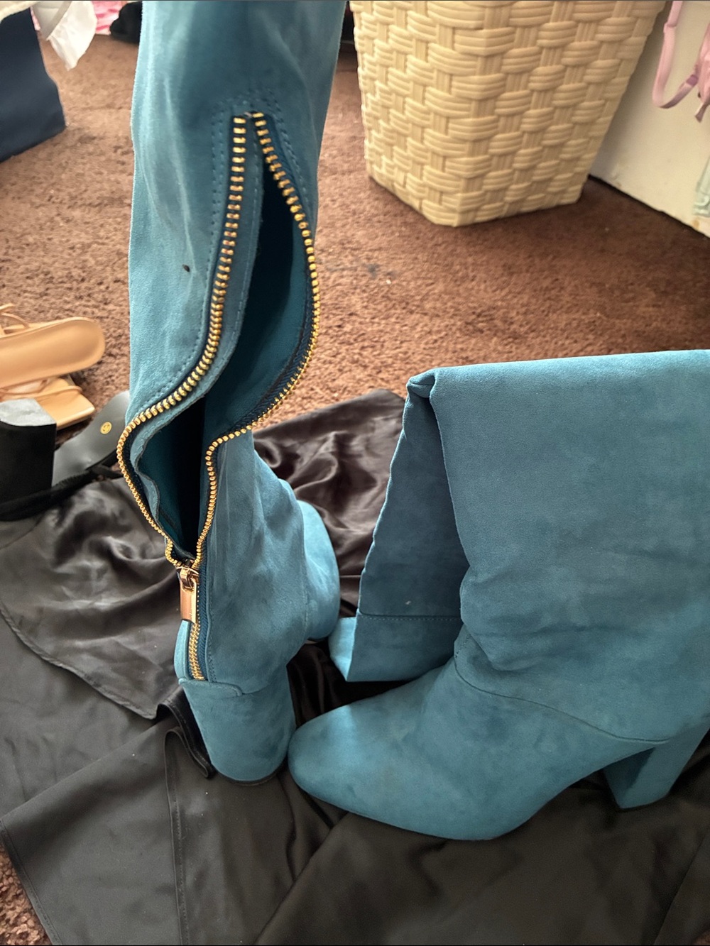 Women's Teal Suede Mid-Calf Block Heel Boots